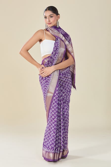 Naintara Bajaj Purple Viscose Abstract Floral Handblock Print Saree Online at Aza Fashions Naintara Bajaj_Purple Viscose Abstract Floral Handblock Print Saree_Online_at_Aza_Fashions