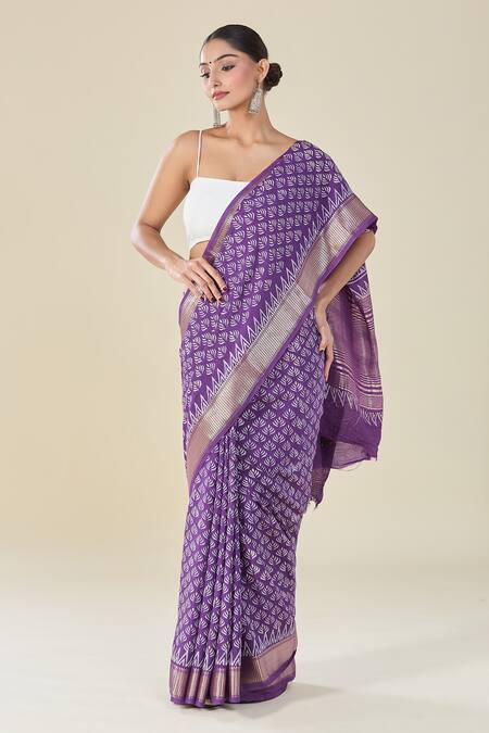 Buy Naintara Bajaj Purple Viscose Abstract Floral Handblock Print Saree Online at Aza Fashions Buy_Naintara Bajaj_Purple Viscose Abstract Floral Handblock Print Saree_Online_at_Aza_Fashions
