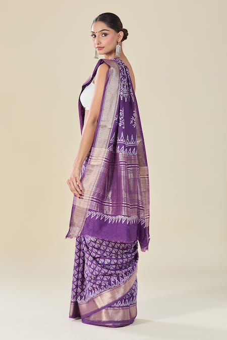 Shop Naintara Bajaj Purple Viscose Abstract Floral Handblock Print Saree at Aza Fashions Shop_Naintara Bajaj_Purple Viscose Abstract Floral Handblock Print Saree_at_Aza_Fashions