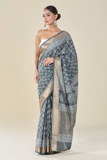 Naintara Bajaj_Gray Viscose Grey Abstract Floral Handblock Print Saree _Online_at_Aza_Fashions