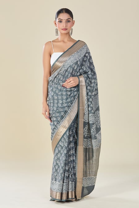 Samyukta Singhania Grey Abstract Floral Handblock Print Saree 