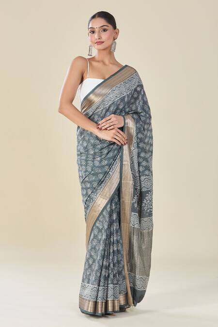 Buy_Naintara Bajaj_Gray Viscose Grey Abstract Floral Handblock Print Saree _Online_at_Aza_Fashions