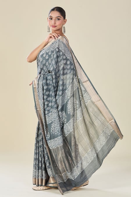 Naintara Bajaj Grey Abstract Floral Handblock Print Saree 