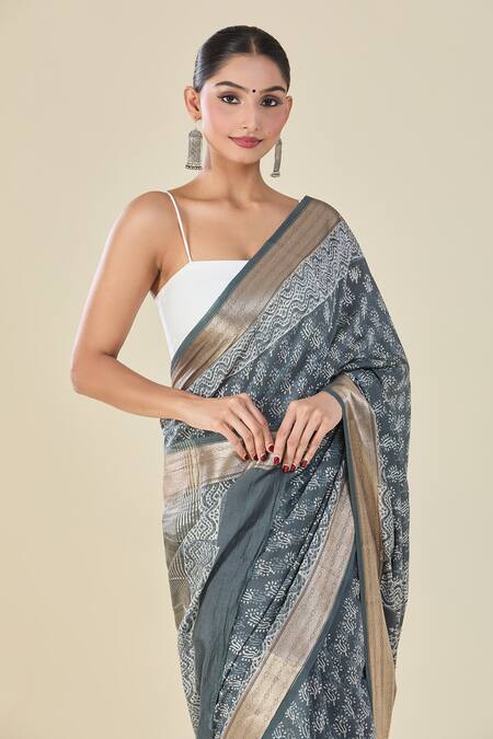 Shop_Naintara Bajaj_Gray Viscose Grey Abstract Floral Handblock Print Saree _Online_at_Aza_Fashions