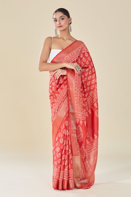 Buy Naintara Bajaj Red Viscose Leaf Handblock Print Saree Online at Aza Fashions Buy_Naintara Bajaj_Red Viscose Leaf Handblock Print Saree _Online_at_Aza_Fashions