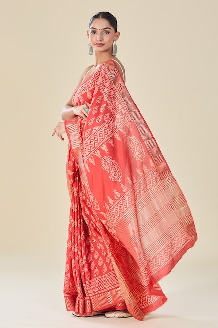 Naintara Bajaj Red Leaf Handblock Print Saree 