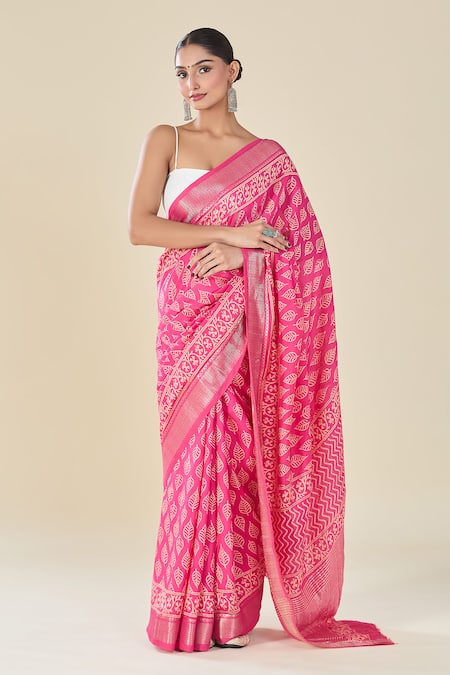 Samyukta Singhania Leaf Handblock Printed Pink Saree 