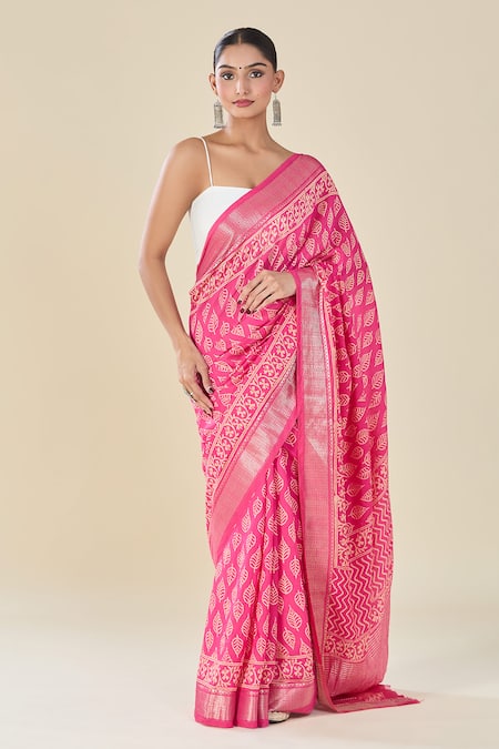 Shop_Naintara Bajaj_Pink Viscose Leaf Handblock Printed Saree _at_Aza_Fashions