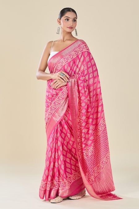 Naintara Bajaj_Pink Viscose Leaf Handblock Printed Saree _Online_at_Aza_Fashions