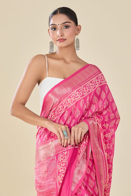 Buy_Naintara Bajaj_Pink Viscose Leaf Handblock Printed Saree _Online_at_Aza_Fashions