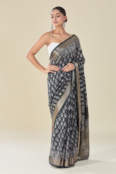 Naintara Bajaj Black Viscose Abstract Motif Handblock Print Saree Online at Aza Fashions Naintara Bajaj_Black Viscose Abstract Motif Handblock Print Saree _Online_at_Aza_Fashions