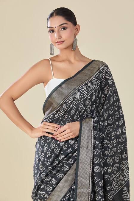 Naintara Bajaj Black Viscose Abstract Motif Handblock Print Saree at Aza Fashions Naintara Bajaj_Black Viscose Abstract Motif Handblock Print Saree _at_Aza_Fashions