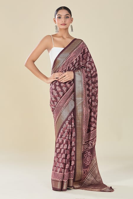 Naintara Bajaj_Wine Viscose Paisley Handblock Print Saree _Online_at_Aza_Fashions