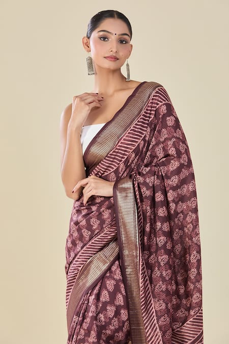 Shop_Naintara Bajaj_Wine Viscose Paisley Handblock Print Saree _Online_at_Aza_Fashions