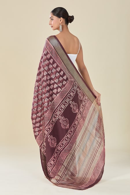 Naintara Bajaj Paisley Handblock Print Wine Saree 