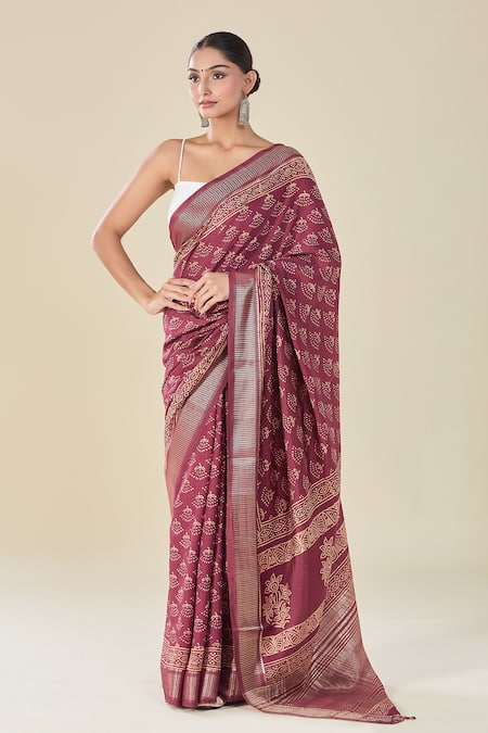 Naintara Bajaj Wine Viscose Floral Butti Handblock Print Saree Online at Aza Fashions Naintara Bajaj_Wine Viscose Floral Butti Handblock Print Saree _Online_at_Aza_Fashions