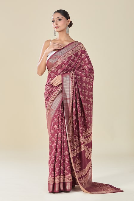 Buy Naintara Bajaj Wine Viscose Floral Butti Handblock Print Saree Online at Aza Fashions Buy_Naintara Bajaj_Wine Viscose Floral Butti Handblock Print Saree _Online_at_Aza_Fashions