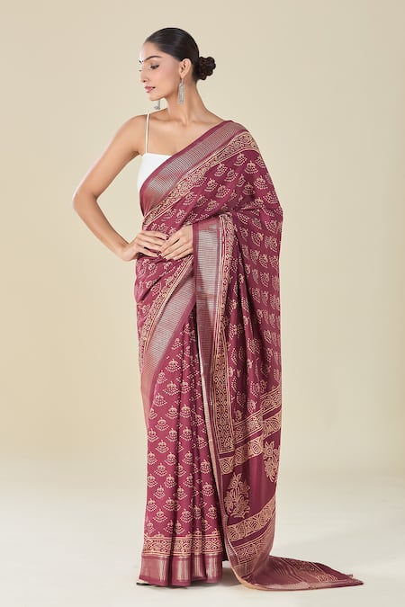 Naintara Bajaj Wine Viscose Floral Butti Handblock Print Saree at Aza Fashions Naintara Bajaj_Wine Viscose Floral Butti Handblock Print Saree _at_Aza_Fashions