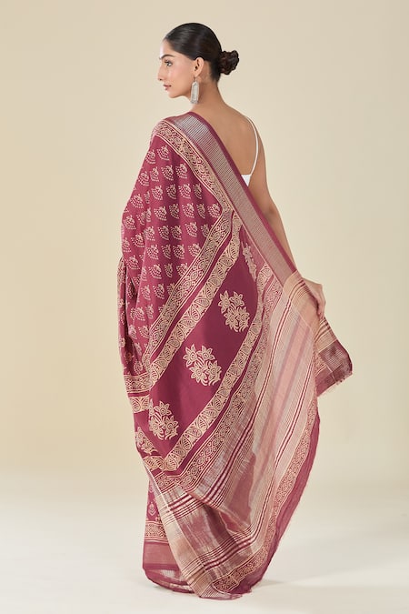 Shop Naintara Bajaj Wine Viscose Floral Butti Handblock Print Saree at Aza Fashions Shop_Naintara Bajaj_Wine Viscose Floral Butti Handblock Print Saree _at_Aza_Fashions