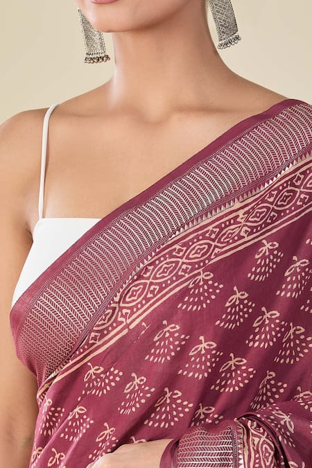 Buy Naintara Bajaj Wine Viscose Floral Butti Handblock Print Saree Buy_Naintara Bajaj_Wine Viscose Floral Butti Handblock Print Saree