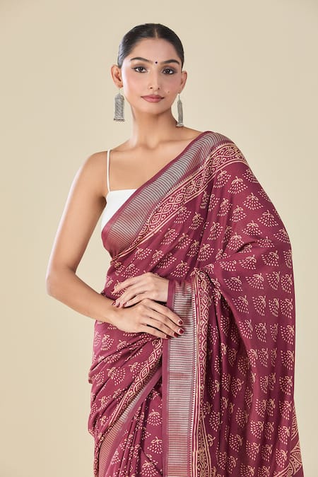 Shop Naintara Bajaj Wine Viscose Floral Butti Handblock Print Saree Shop_Naintara Bajaj_Wine Viscose Floral Butti Handblock Print Saree
