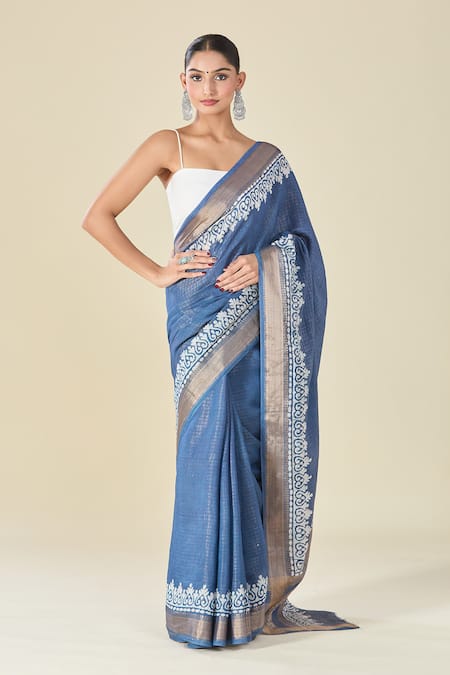 Naintara Bajaj_Blue Chanderi Geometric Woven Saree With Running Blouse_Online_at_Aza_Fashions