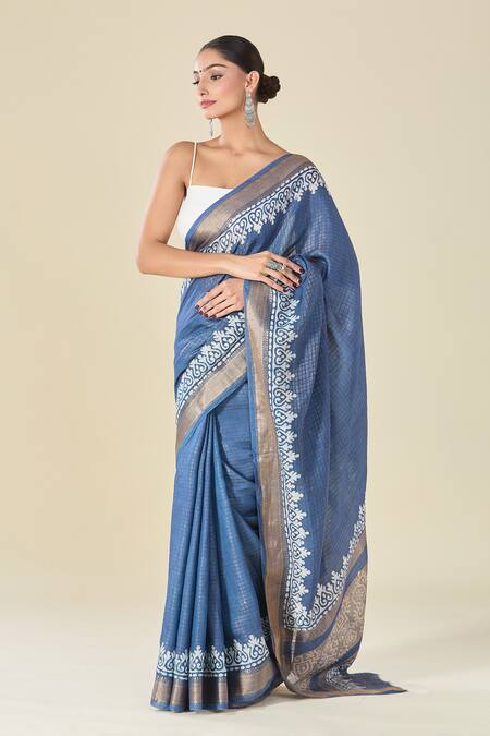 Buy_Naintara Bajaj_Blue Chanderi Geometric Woven Saree With Running Blouse_Online_at_Aza_Fashions