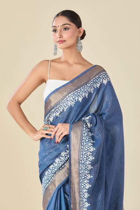 Shop_Naintara Bajaj_Blue Chanderi Geometric Woven Saree With Running Blouse_Online_at_Aza_Fashions
