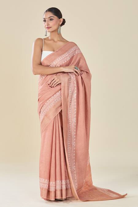 Naintara Bajaj_Peach Chanderi Geometric Woven Printed Saree_Online_at_Aza_Fashions