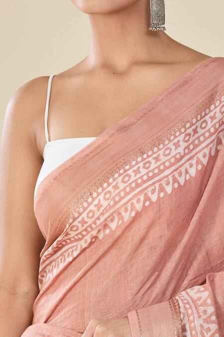 Shop_Naintara Bajaj_Peach Chanderi Geometric Woven Printed Saree_Online_at_Aza_Fashions