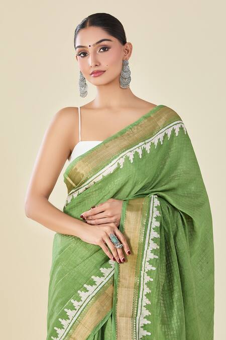 Naintara Bajaj Green Chanderi Geometric Woven Saree Online at Aza Fashions Naintara Bajaj_Green Chanderi Geometric Woven Saree_Online_at_Aza_Fashions