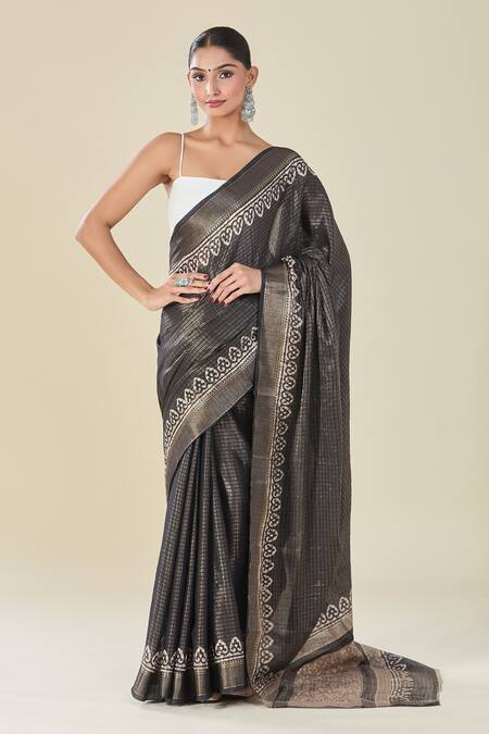 Shop_Naintara Bajaj_Black Chanderi Woven Motifs Saree_Online_at_Aza_Fashions