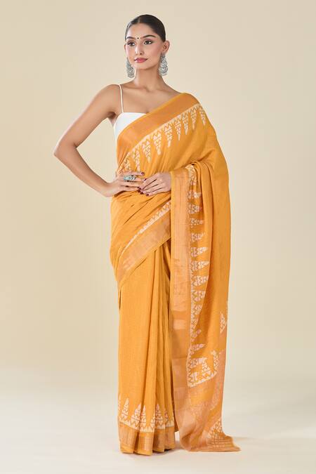 Naintara Bajaj_Orange Chanderi Abstract Print Saree_Online_at_Aza_Fashions