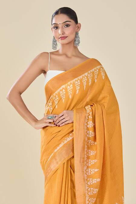 Naintara Bajaj_Orange Chanderi Abstract Print Saree_at_Aza_Fashions