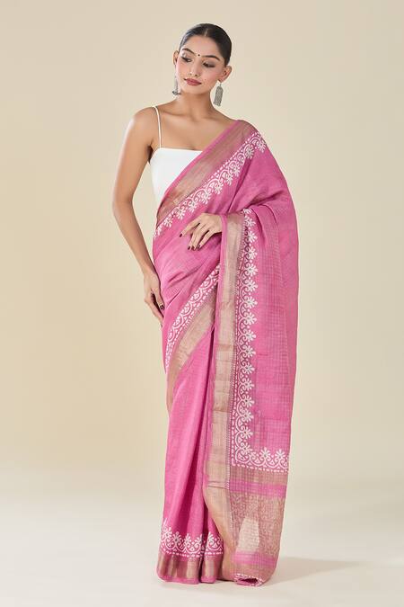 Buy Naintara Bajaj Purple Chanderi Geometric Floral Vine Print Saree Buy_Naintara Bajaj_Purple Chanderi Geometric Floral Vine Print Saree