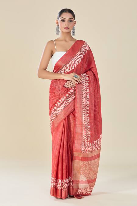 Naintara Bajaj Red Chanderi Embroidery Geometric Floral Vine Print Saree Online at Aza Fashions Naintara Bajaj_Red Chanderi Embroidery Geometric Floral Vine Print Saree_Online_at_Aza_Fashions