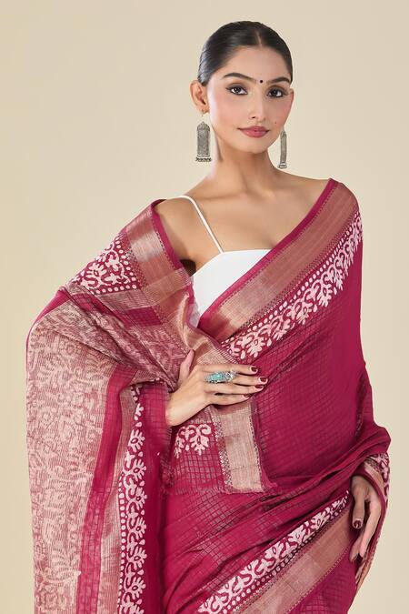 Naintara Bajaj Wine Chanderi Geometric Floral Saree Online at Aza Fashions Naintara Bajaj_Wine Chanderi Geometric Floral Saree_Online_at_Aza_Fashions