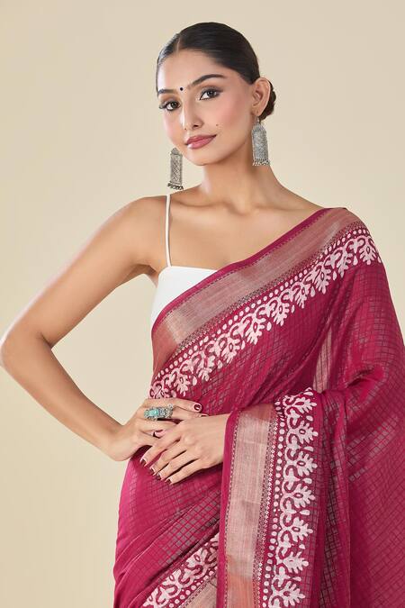 Buy Naintara Bajaj Wine Chanderi Geometric Floral Saree Online at Aza Fashions Buy_Naintara Bajaj_Wine Chanderi Geometric Floral Saree_Online_at_Aza_Fashions