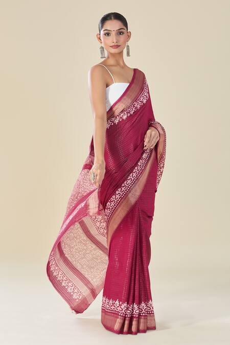 Shop Naintara Bajaj Wine Chanderi Geometric Floral Saree Online at Aza Fashions Shop_Naintara Bajaj_Wine Chanderi Geometric Floral Saree_Online_at_Aza_Fashions