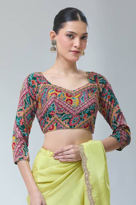 Buy Samyukta Singhania Green Georgette Sequins, Embroidery V-neck Floral Saree Blouse Online at Aza Fashions Buy_Samyukta Singhania_Green Georgette Sequins, Embroidery V-neck Floral Saree Blouse _Online_at_Aza_Fashions