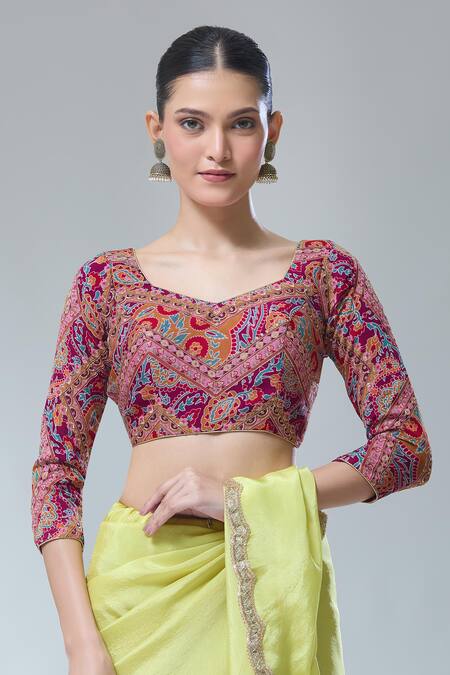Samyukta Singhania_Purple Georgette Sequins, Embroidery Split Padded Flower Print Saree Blouse _Online_at_Aza_Fashions