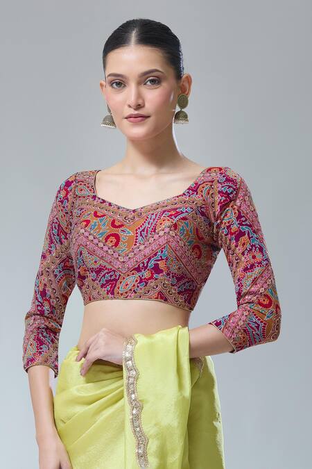 Buy_Samyukta Singhania_Purple Georgette Sequins, Embroidery Split Padded Flower Print Saree Blouse _Online_at_Aza_Fashions