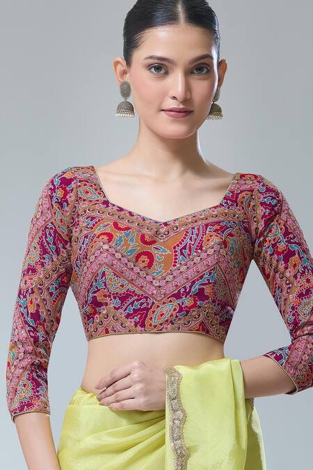 Samyukta Singhania_Purple Georgette Sequins, Embroidery Split Padded Flower Print Saree Blouse _at_Aza_Fashions