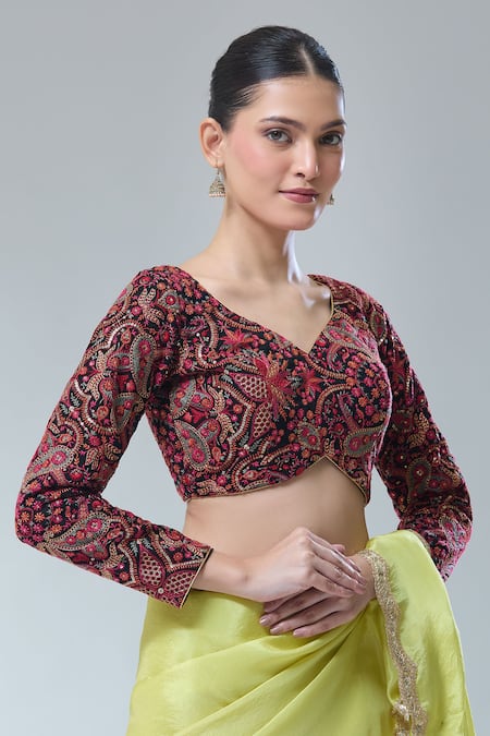 Shop Samyukta Singhania Black Embroidery, Sequins Kashmiri Saree Blouse Online at Aza Fashions Shop_Samyukta Singhania_Black Embroidery, Sequins Kashmiri Saree Blouse _Online_at_Aza_Fashions