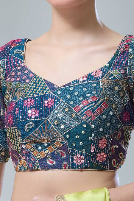 Samyukta Singhania Blue Sequins, Embroidery Open Neck Cotton Saree Blouse Online at Aza Fashions Samyukta Singhania_Blue Sequins, Embroidery Open Neck Cotton Saree Blouse _Online_at_Aza_Fashions