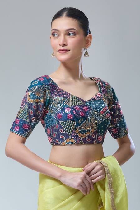 Buy Samyukta Singhania Blue Sequins, Embroidery Open Neck Cotton Saree Blouse Online at Aza Fashions Buy_Samyukta Singhania_Blue Sequins, Embroidery Open Neck Cotton Saree Blouse _Online_at_Aza_Fashions