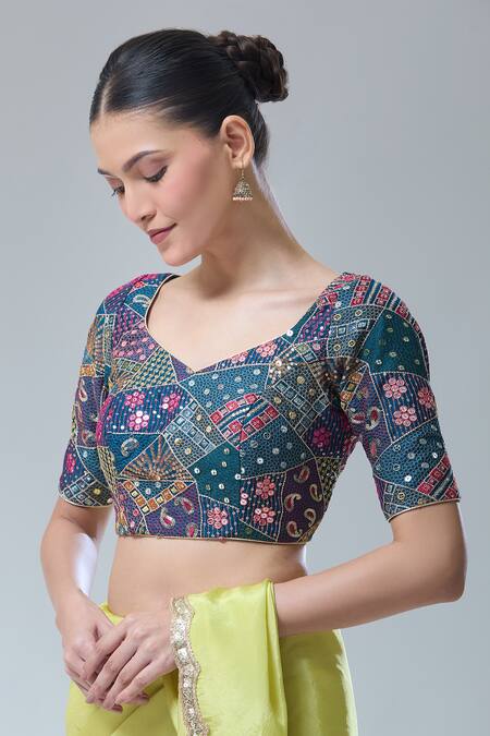 Shop Samyukta Singhania Blue Sequins, Embroidery Open Neck Cotton Saree Blouse Online at Aza Fashions Shop_Samyukta Singhania_Blue Sequins, Embroidery Open Neck Cotton Saree Blouse _Online_at_Aza_Fashions