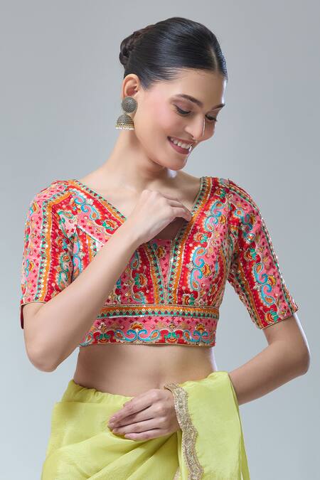 Samyukta Singhania_Red Embroidery, Sequins V-neck Abstract Print Saree Blouse _Online_at_Aza_Fashions