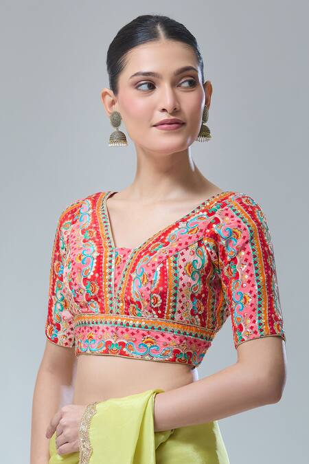 Buy_Samyukta Singhania_Red Embroidery, Sequins V-neck Abstract Print Saree Blouse _Online_at_Aza_Fashions