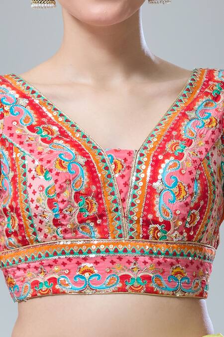 Shop_Samyukta Singhania_Red Embroidery, Sequins V-neck Abstract Print Saree Blouse _Online_at_Aza_Fashions